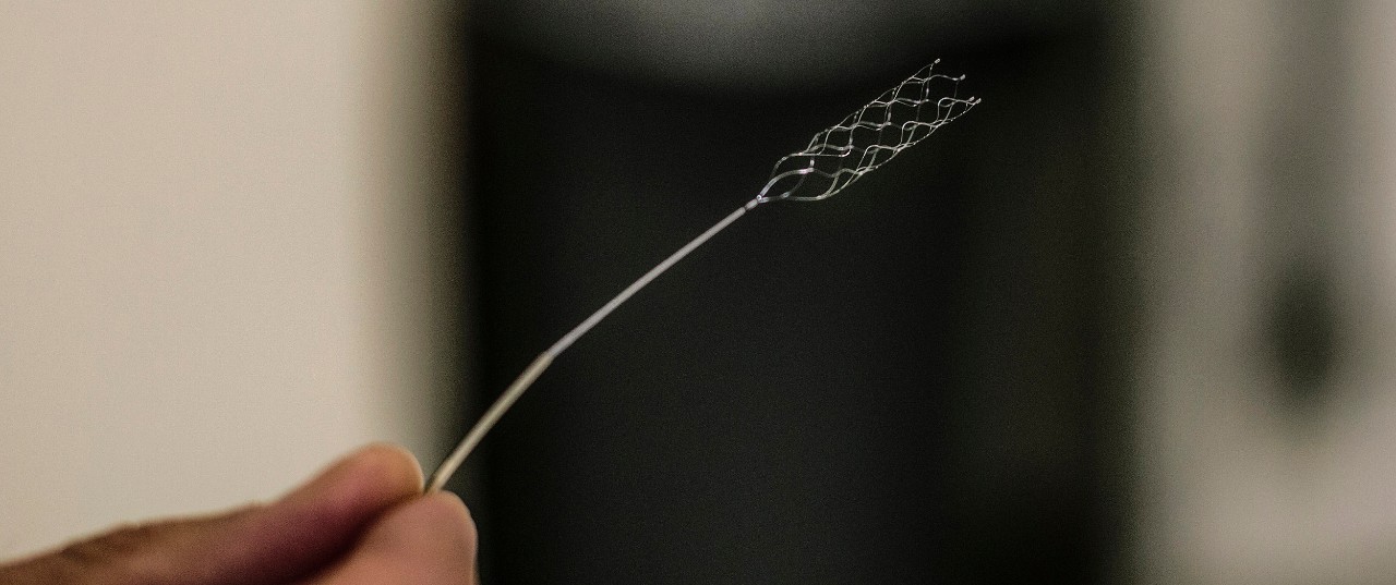 PORTLAND, ME - JUNE 17: Doctor Robert Ecker holds a device called a stent retriever, which is used in groundbreaking new treatment for a major stroke by removing blood clots in the brain in  Portland, ME on Wednesday, June 17, 2015. The device is guided toward the stroke-caused blood clot in the brain through a major artery, and the fine mesh-like end of the device traps the blood clot. Once the blood clot is trapped, the device is removed, taking with it the blood clot. (Photo by Whitney Hayward/Portland Portland Press Herald via Getty Images)